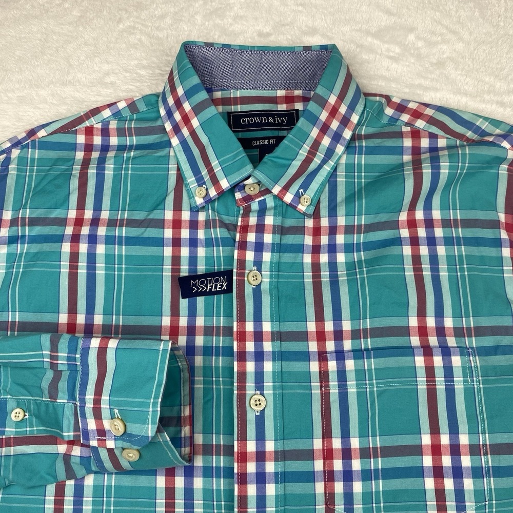 Crown & Ivy Shirt Mens Small Aqua Plaid Motion Flex Classic Fit New!